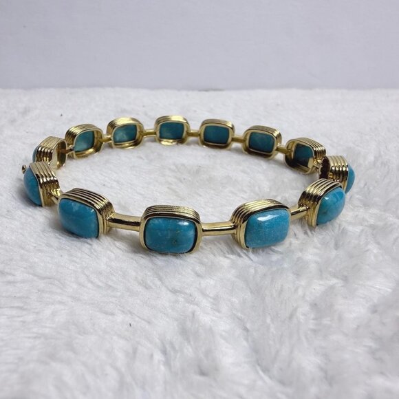 Blue Kingman Turquoise Bangle Bracelet 18k Gold Over Silver JTV Vintage 8" Jewel - Picture 1 of 10